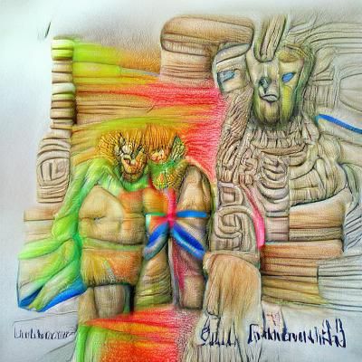 Gilgamesh and Enkidu over the body of Humbaba abstract colourful pencil sketch