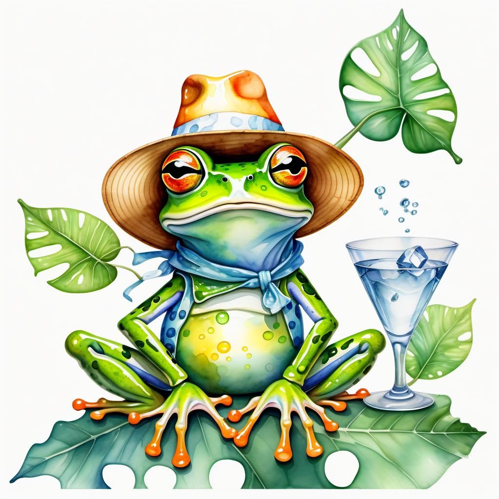 a watercolor painting, airbrushed of a unhappy colorful frog...