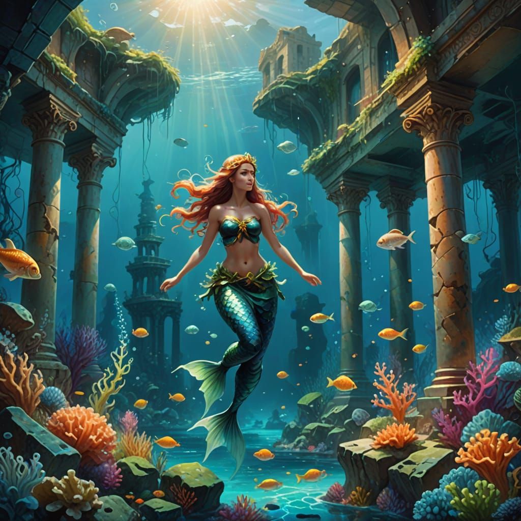 Mermaids and Mermen in Vibrant Oil Painting of Atlantis