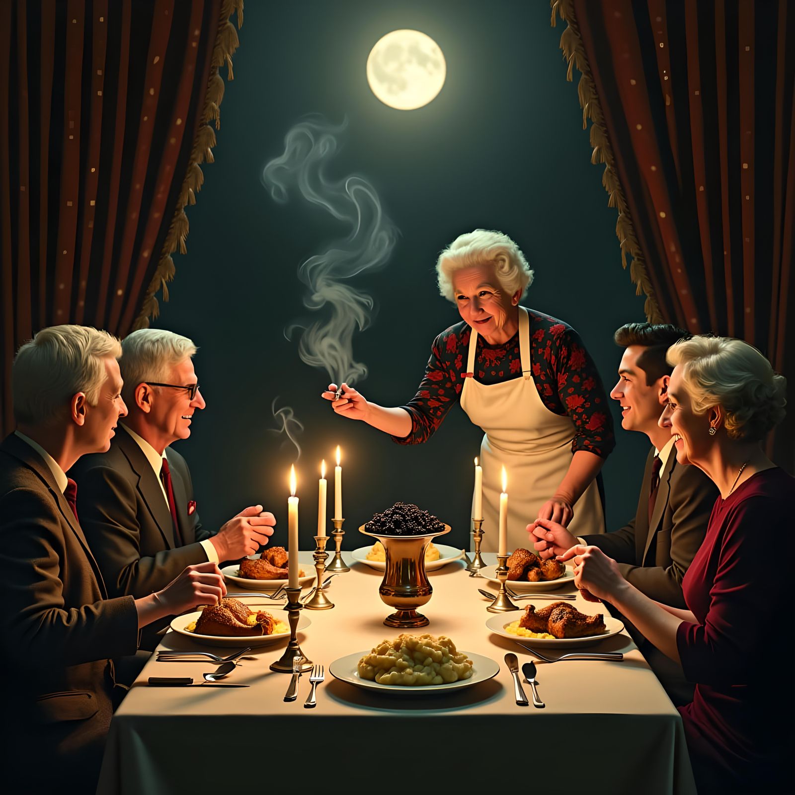 Spooky 1930s Family Dinner in Oil Painting Style