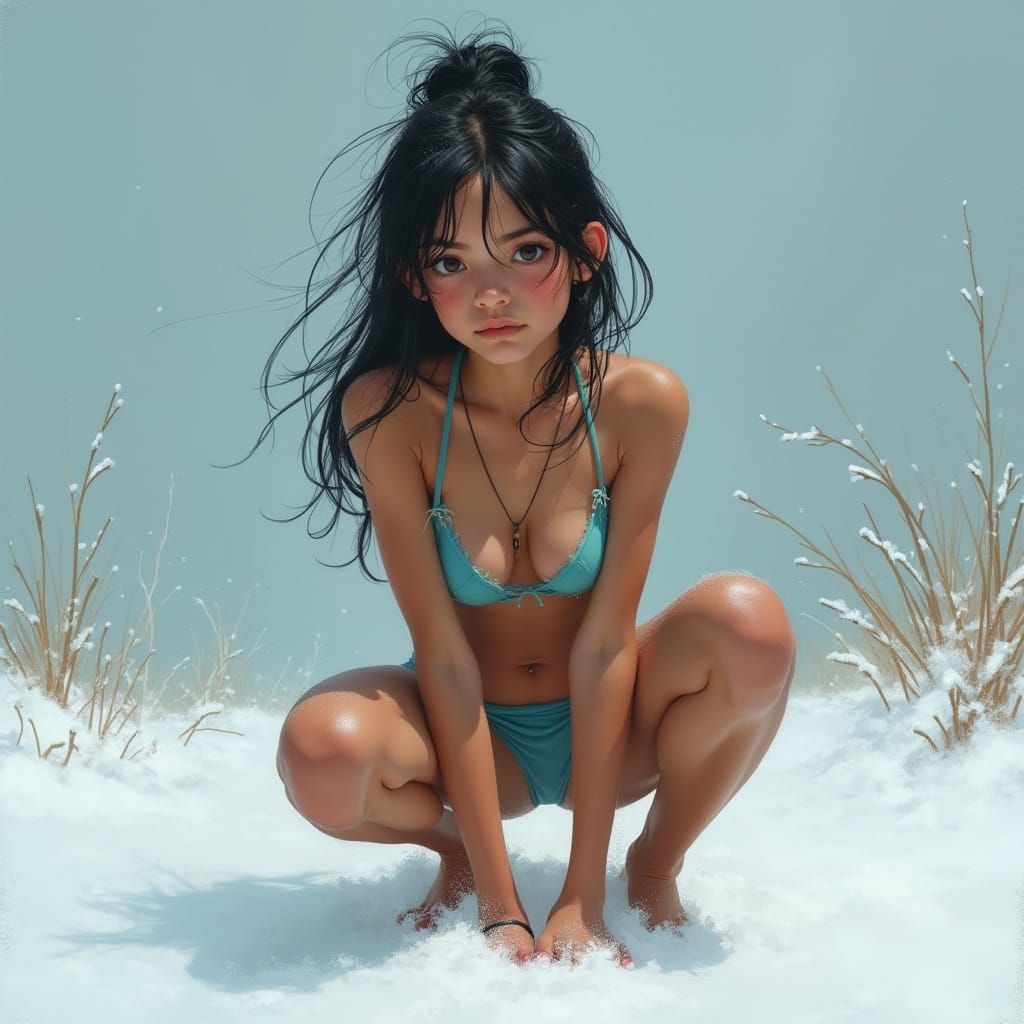 Girl in Bikini Crouching in Snow, Digital Painting