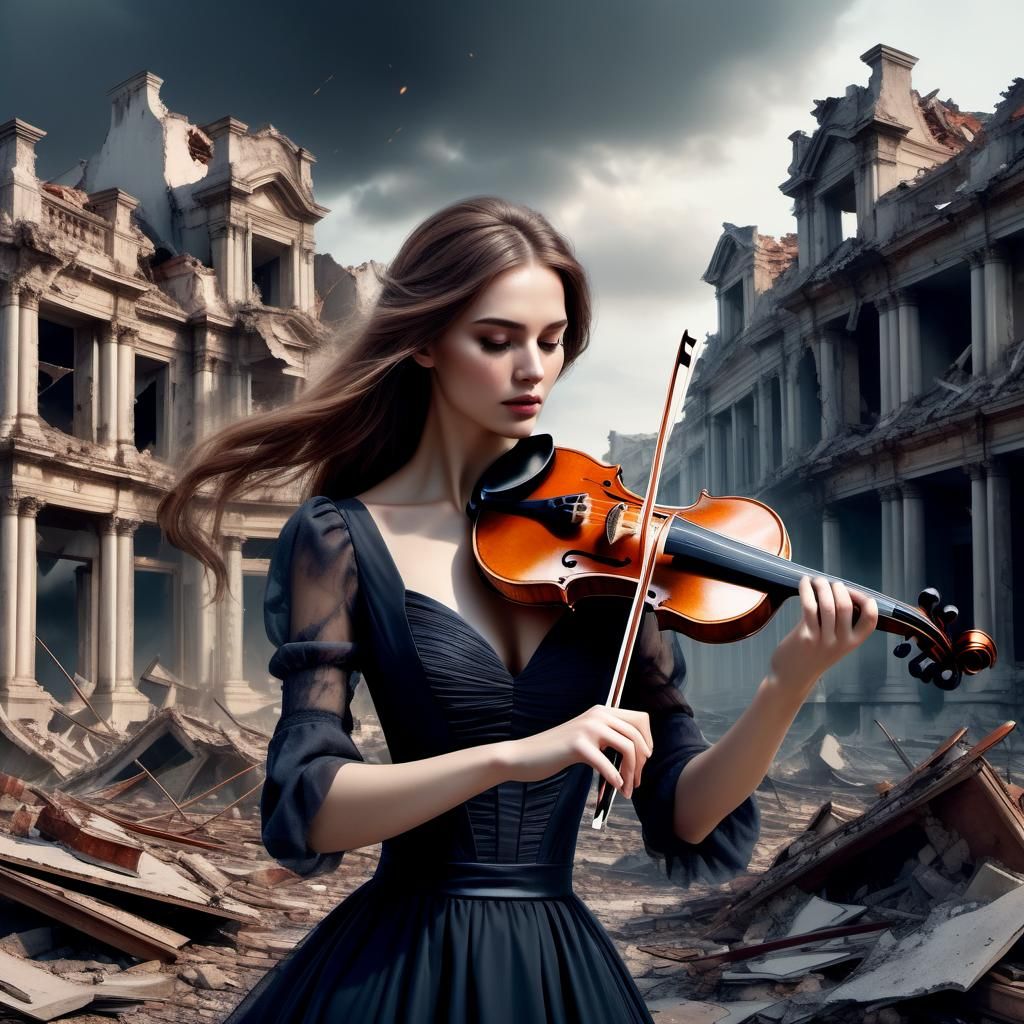 Violinist in Ruins: Dramatic Digital Painting