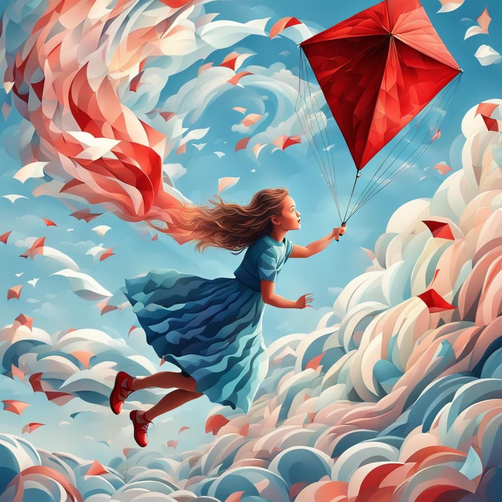 Girl Soaring with Kite: Abstract Vector Fractal