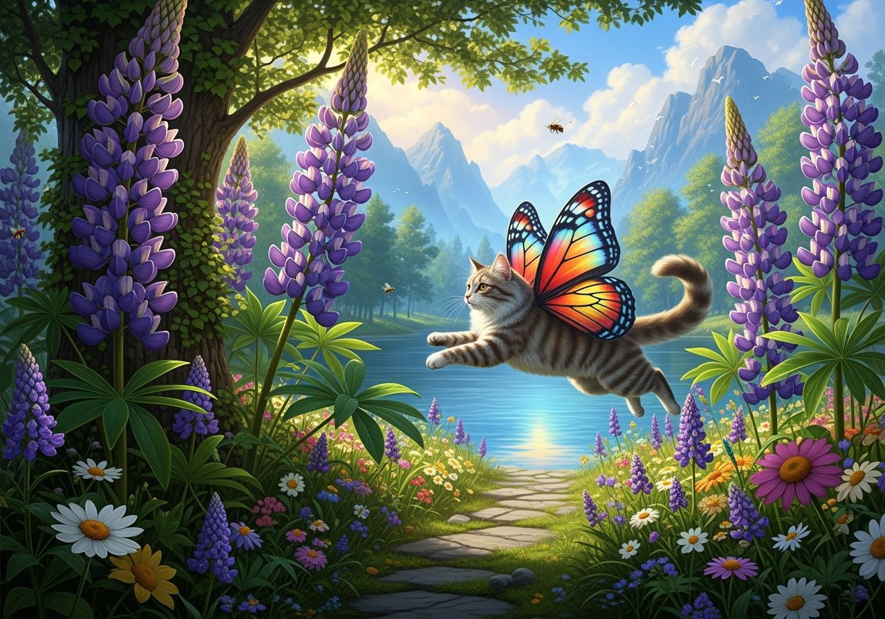 Butterfly Winged Cat in Giant Lupin Flower Meadow
