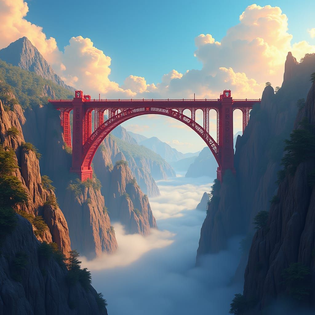 Crimson Metal Bridge in Matte Painting Style