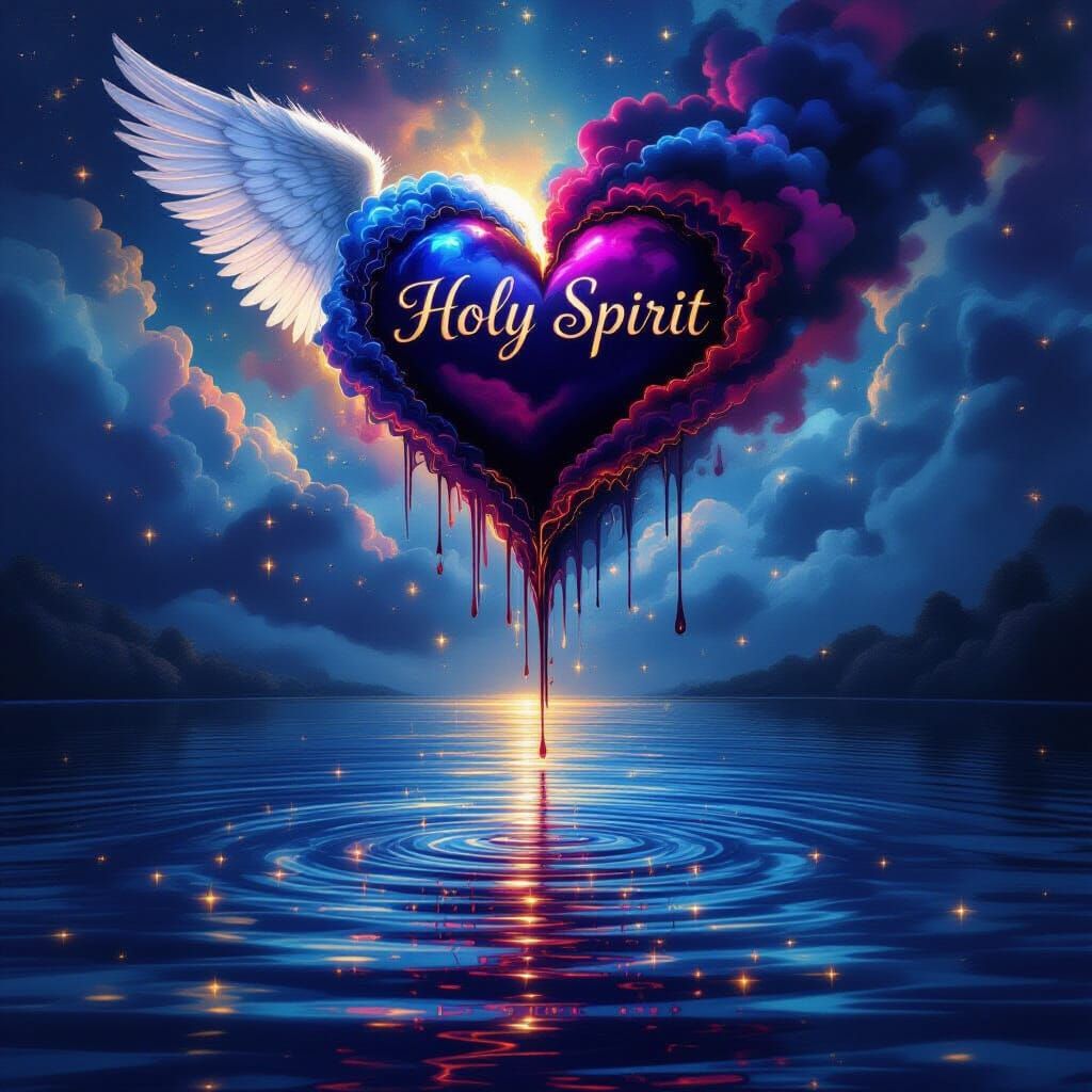 Angels Drip Burgundy Liquid Into Shimmering Gold Lake