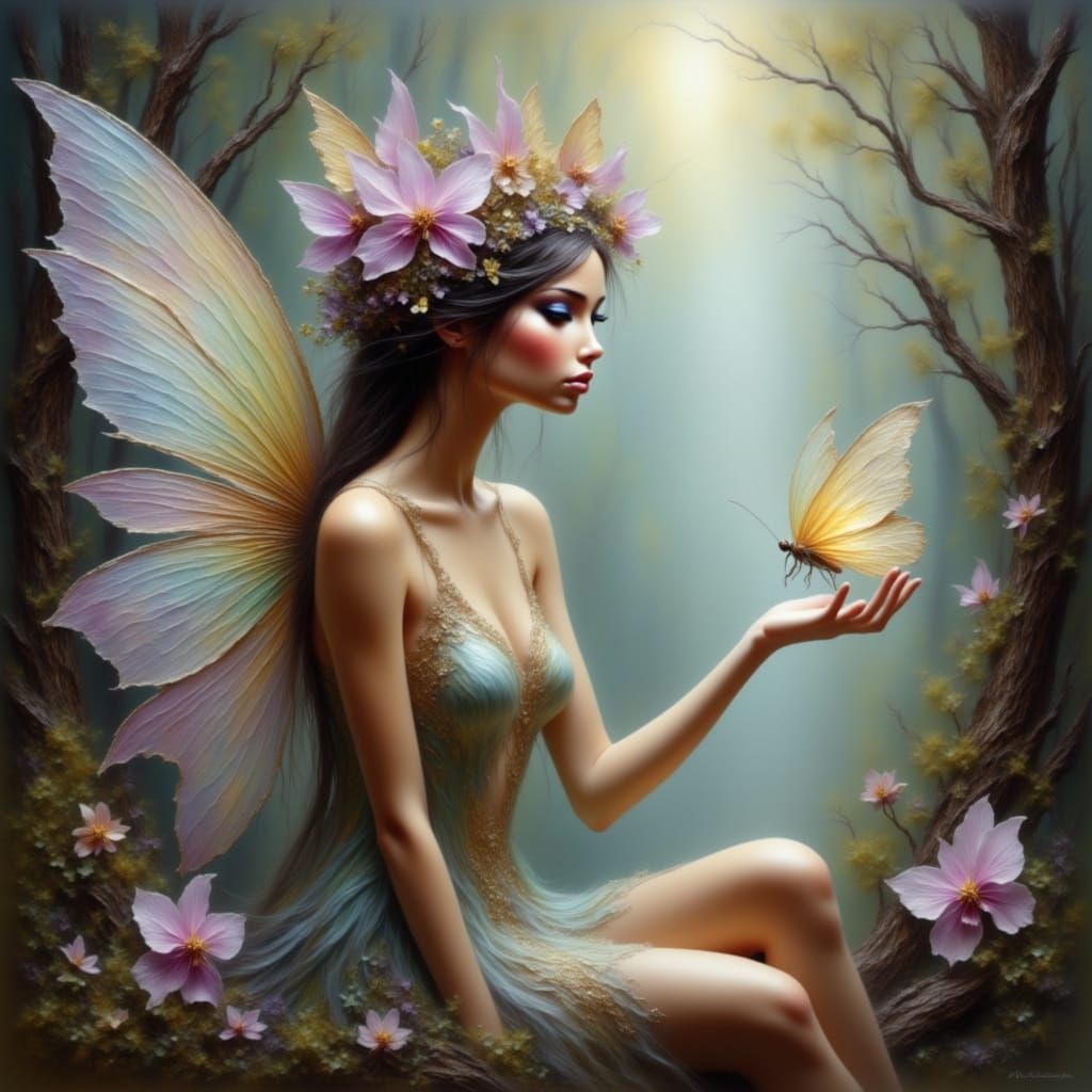 A whimsical illustration of a fairy, adorned with a floral c...