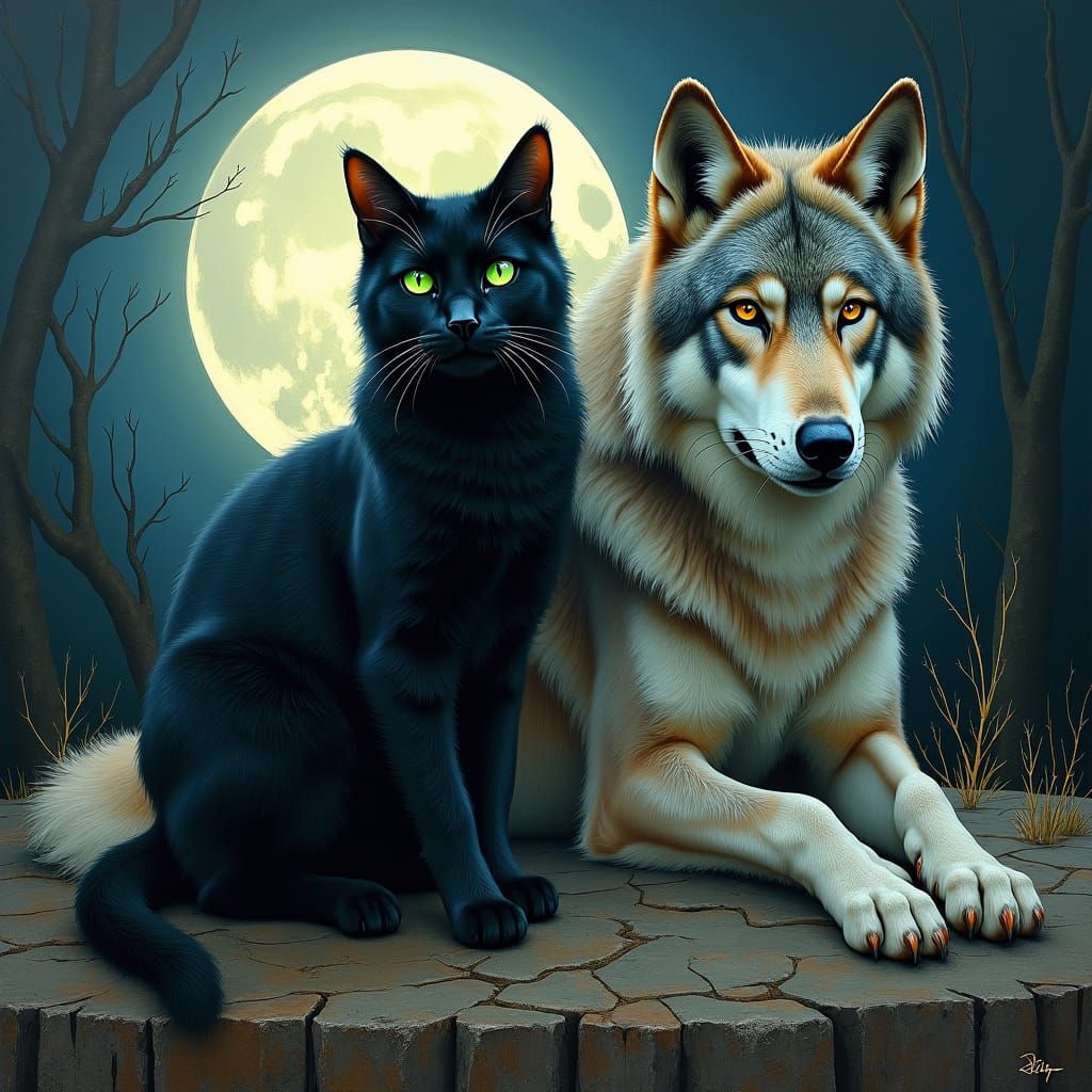 Black Cat and Wolf Under Full Moon in Klimt Style