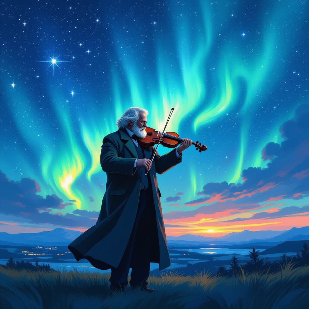 Violinist Under Aurora Sky in Expressive Style