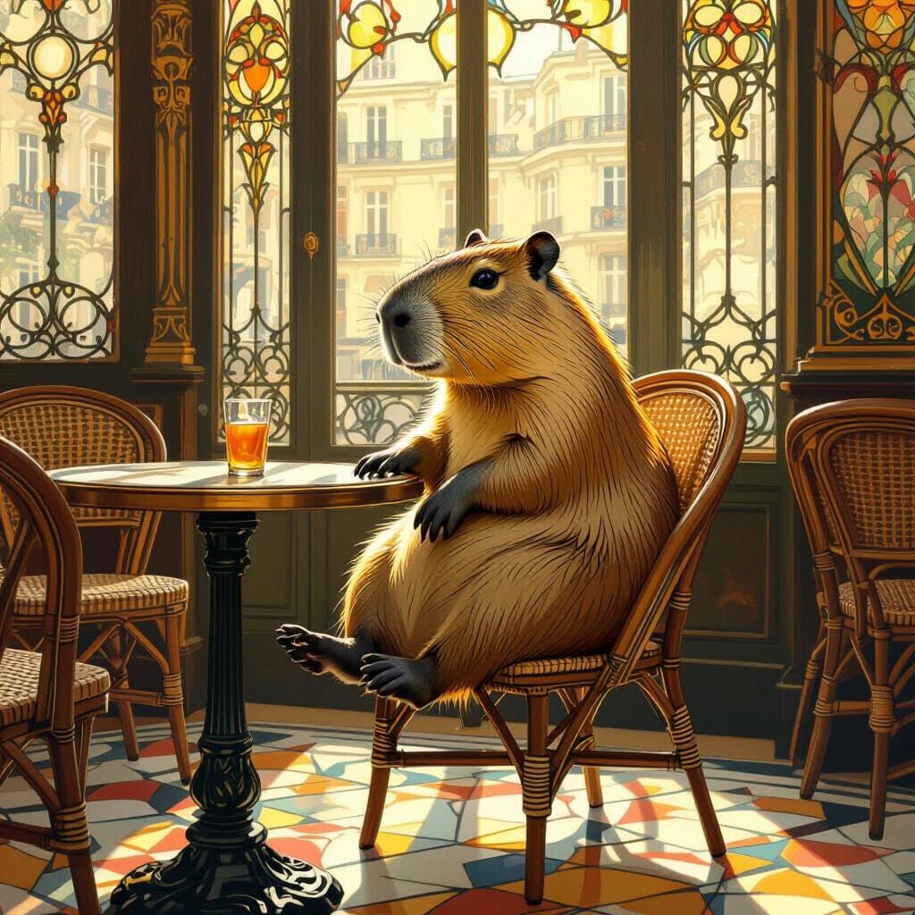 Elegant Capybara in Art Nouveau Parisian Cafe