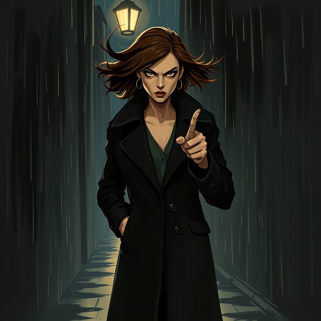 Gritty Film Noir Woman Scolding in Rainy Alleyway