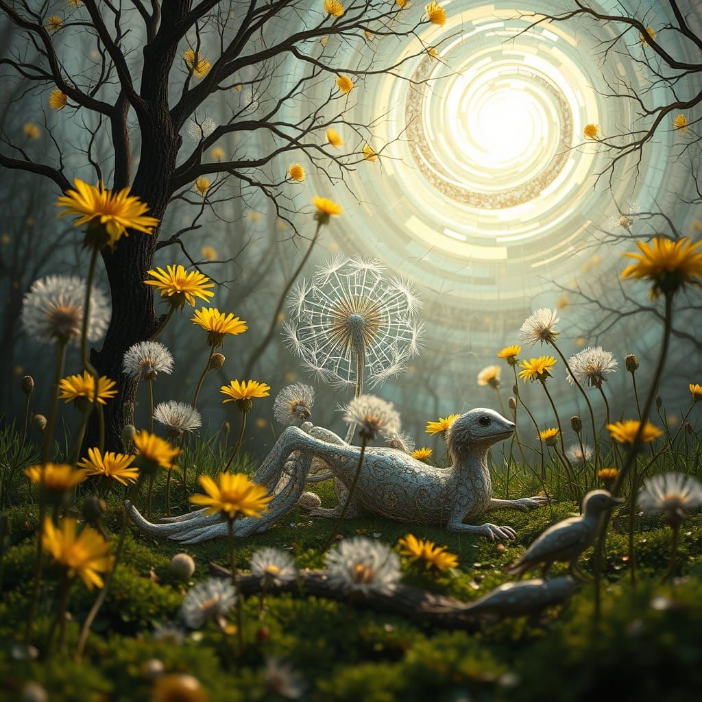 Ethereal Filigree Being in Dandelion Field