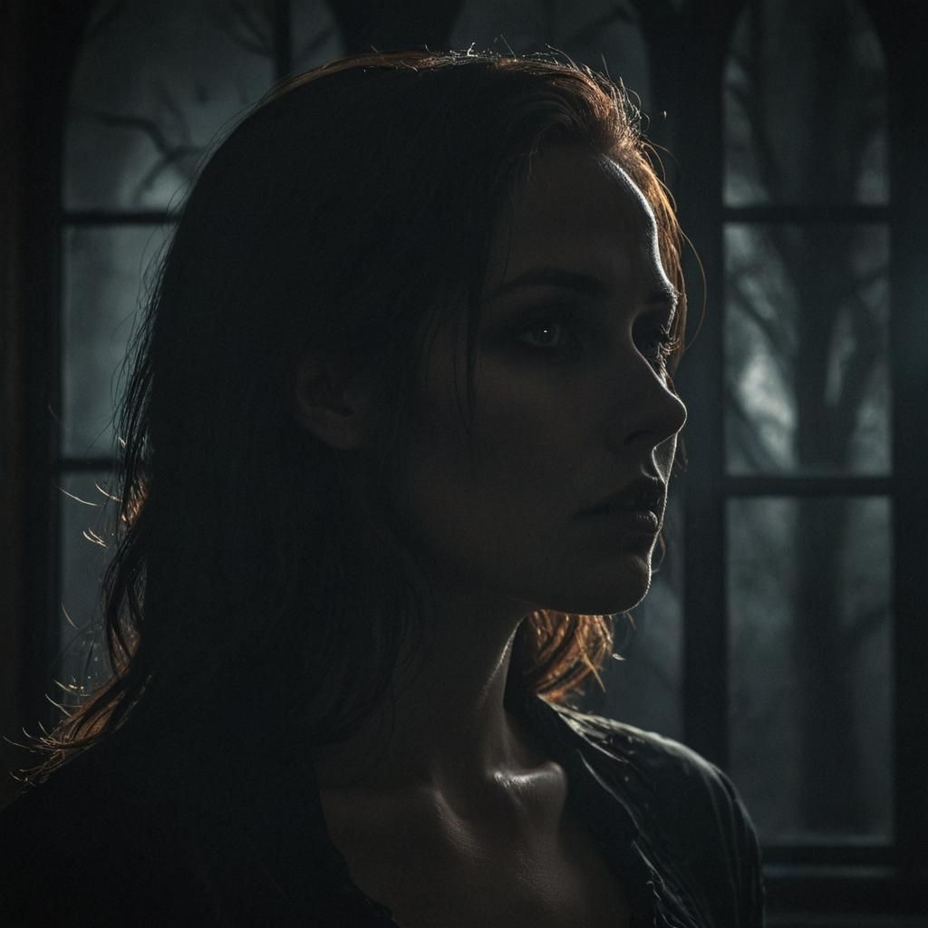 Eerie Dark Fantasy Woman in Ominous Light