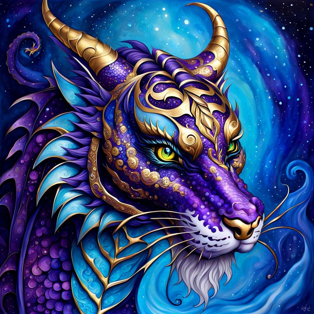 Cyberpunk-Style Tiger Dragon Hybrid in Vibrant Gold Filigree