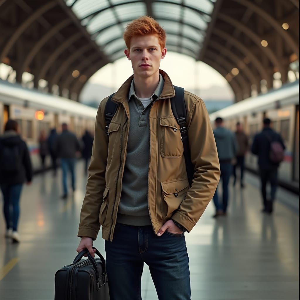 Red Haired Man at Busy Railway Station