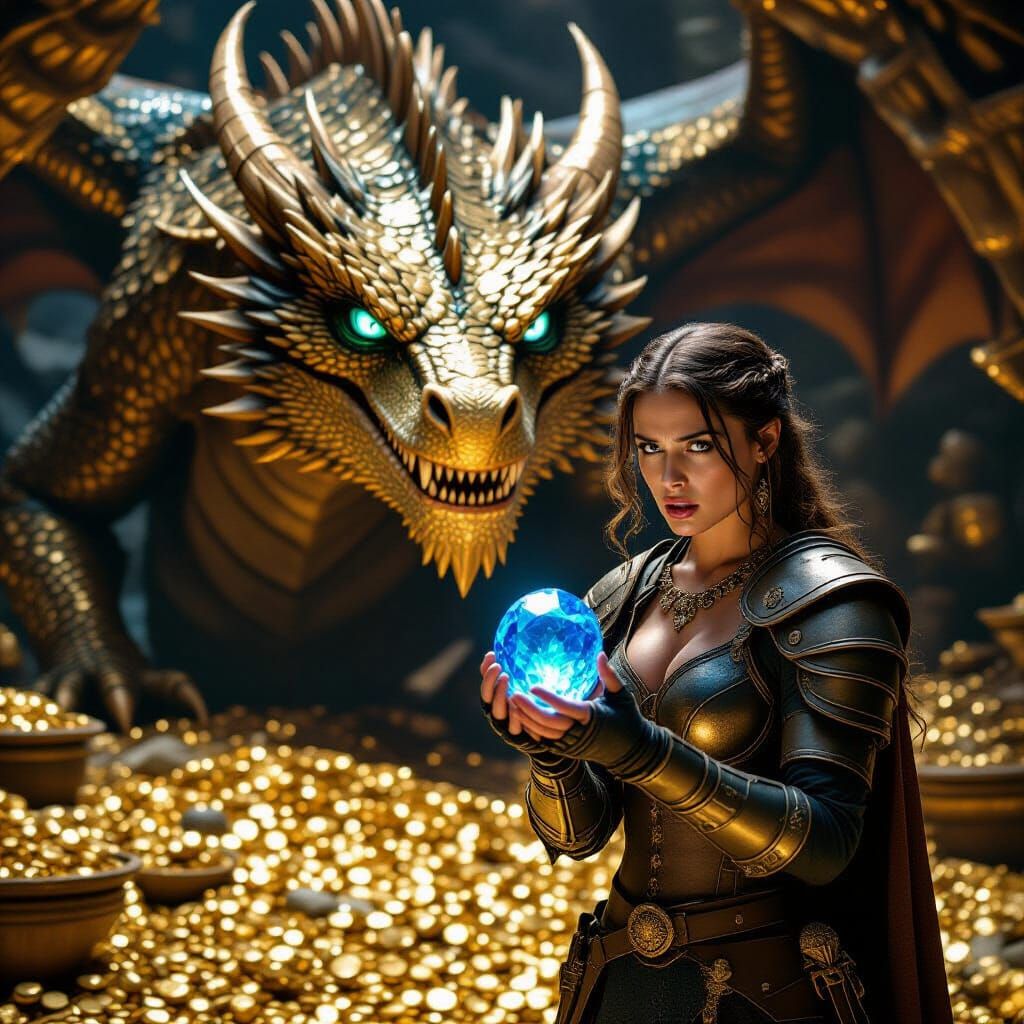 Medieval Thief Faces Dragon in Treasure Hoard