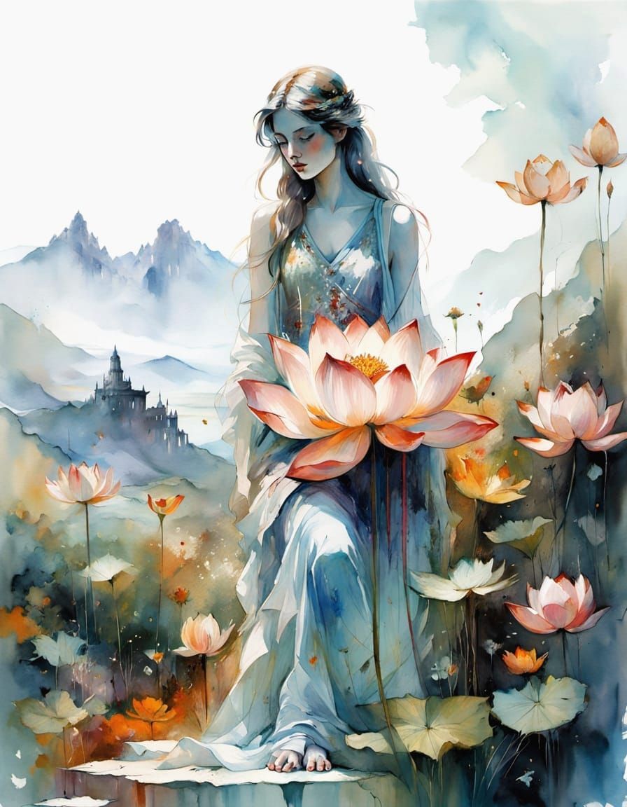 Italian Goddess with Lotus Flower in Watercolor Style