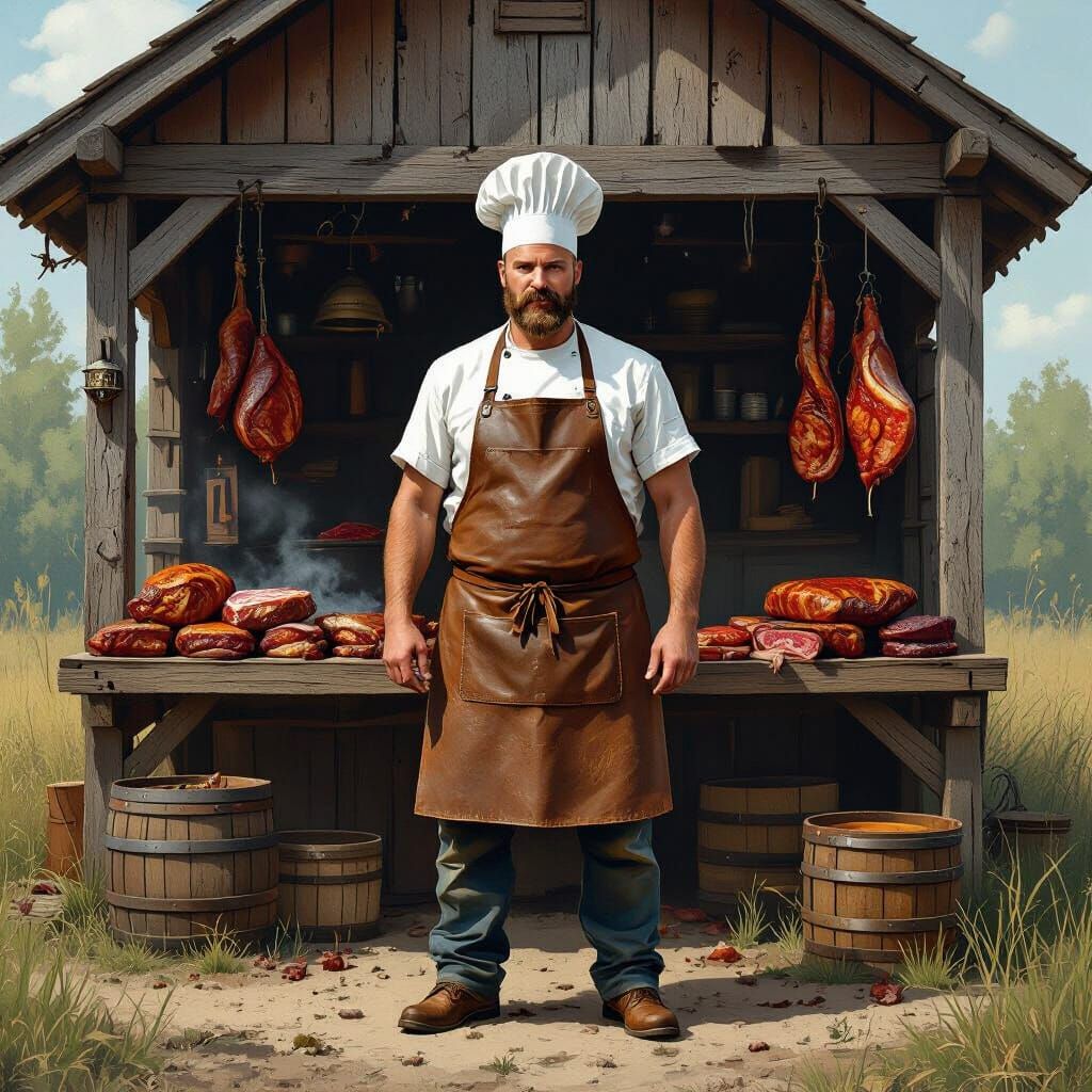 Rustic Meat Vendor in Shack, Post-Apocalyptic Style