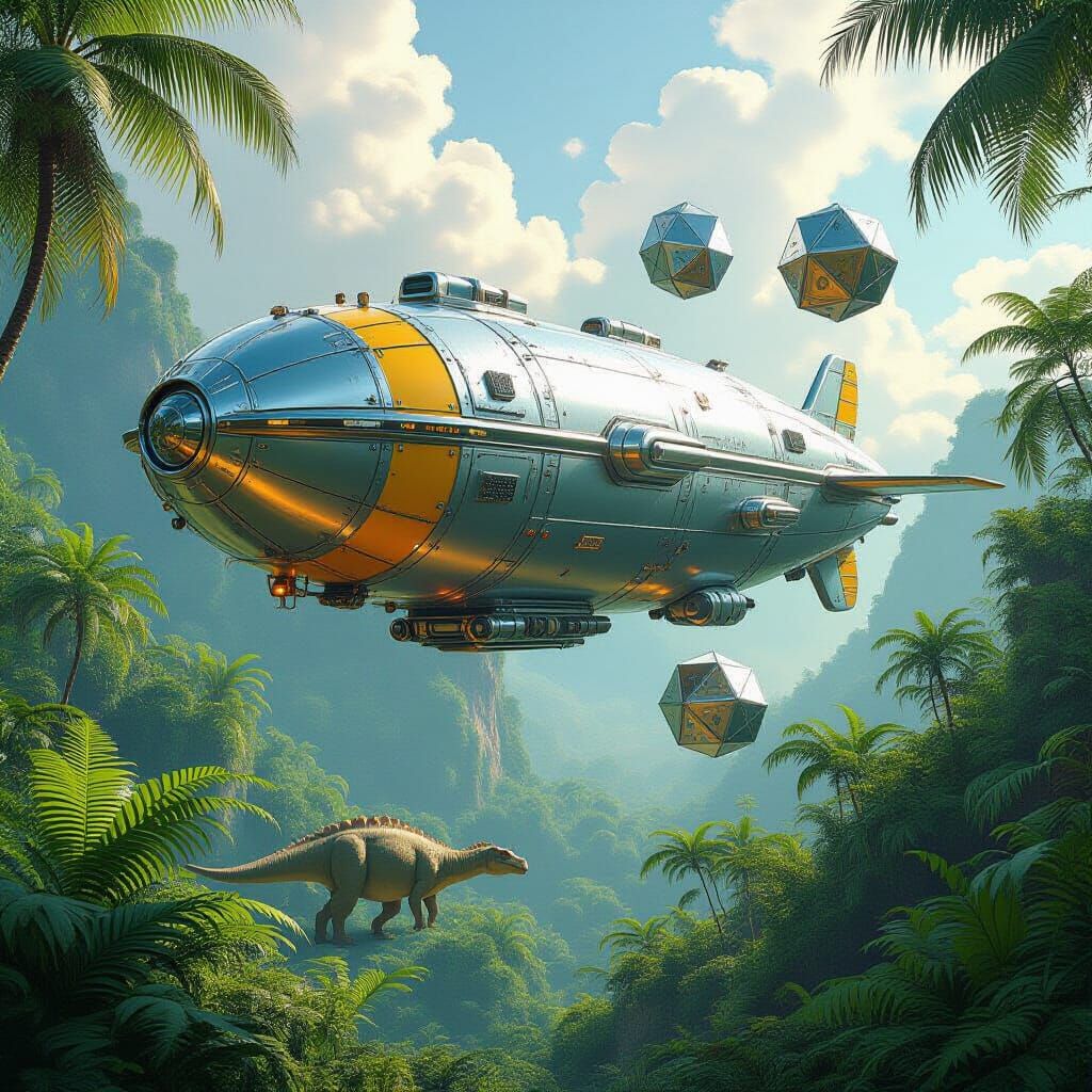 Airship and Dinosaurs in Retro-Futuristic Style