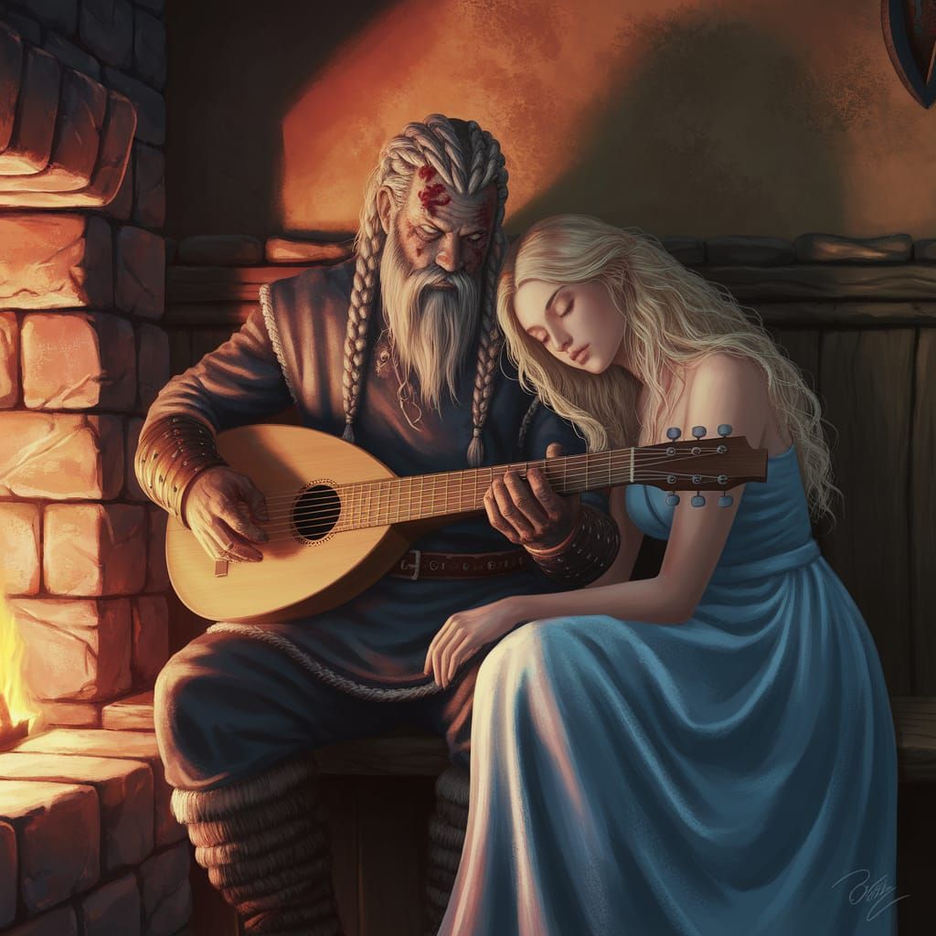 Viking Warrior Strums Lute in Tavern, Fairytale Illustration