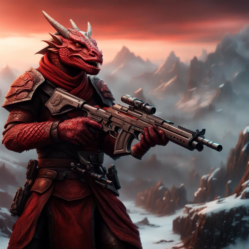Red Dragonborn with Gun: Epic Digital Matte Painting