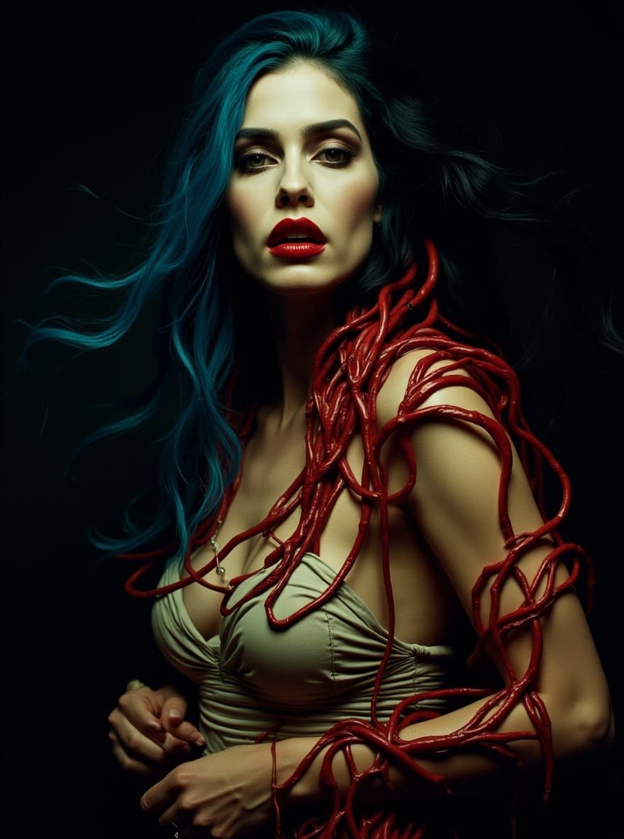 Woman Merging with Red Energy in Cinematic Style