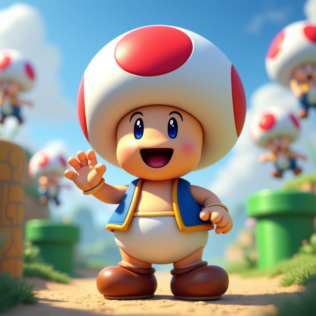 Vibrant Toad Fan Art in Whimsical Super Mario Landscape