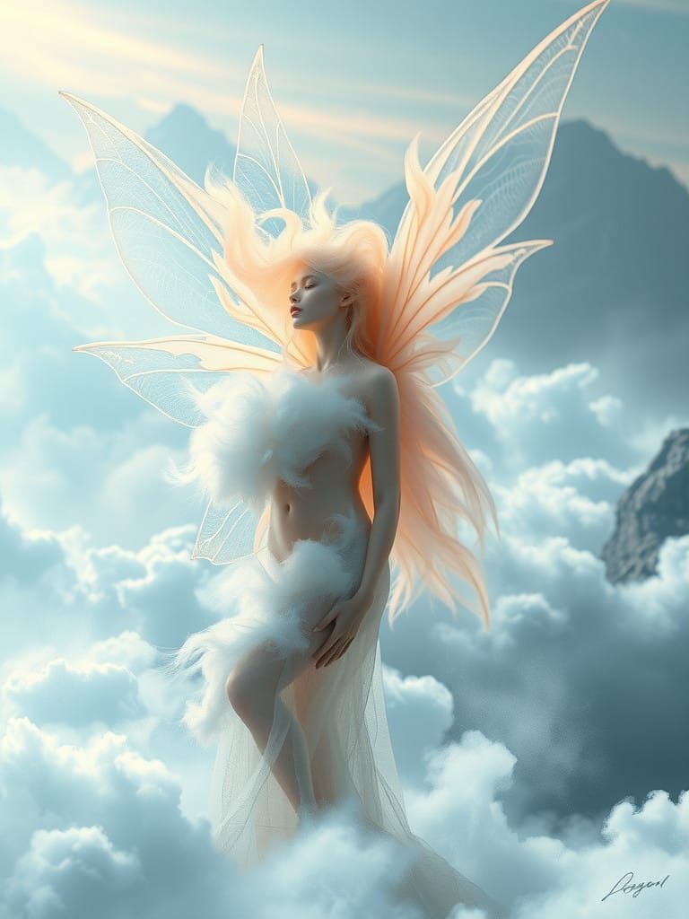Sharp image of Ethereal fairy  and translucent wings, her body composed of dramatic, soft cloud formations, as if the mi...