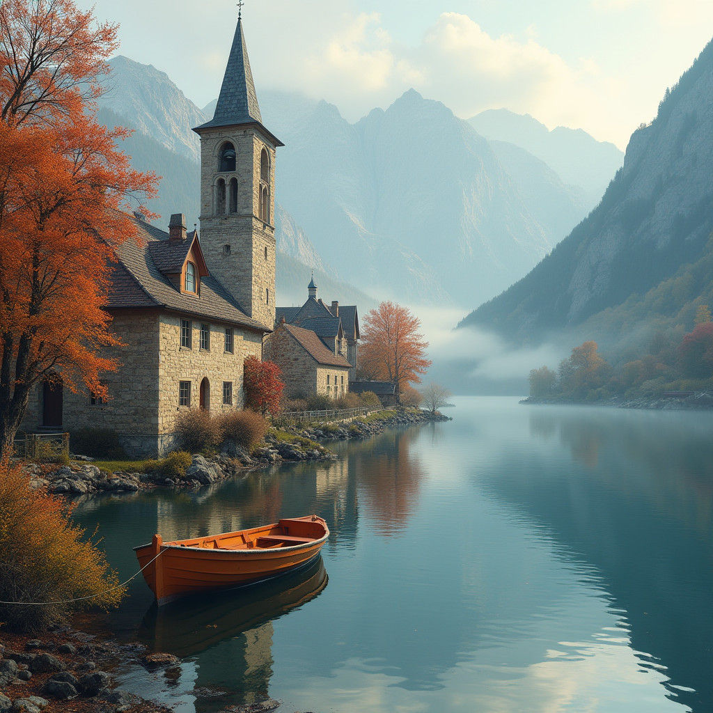 Autumn Lakeside Village in Soft Morning Light