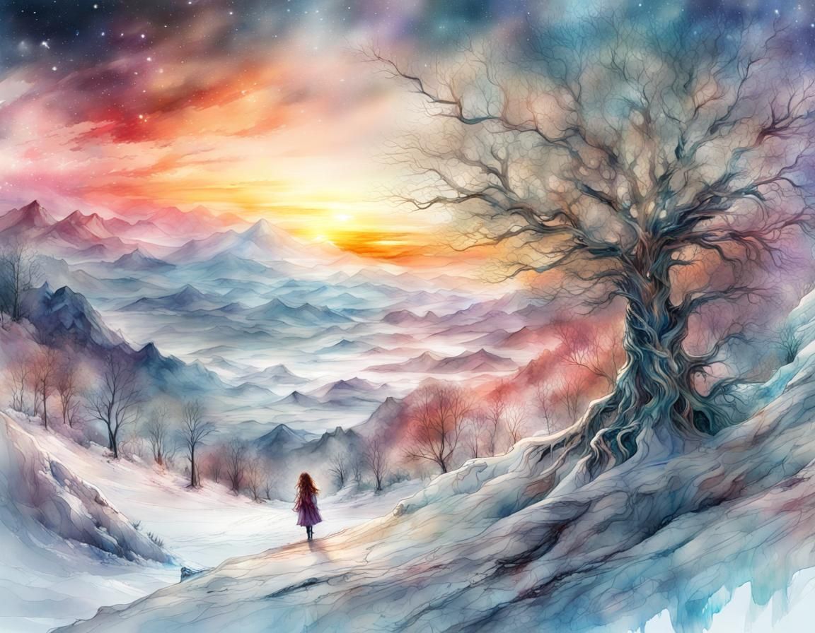 Winter Sunset: Digital Watercolor Illustration