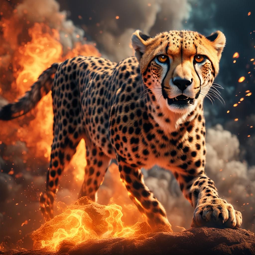 Cheetah Engulfed in Fire: Detailed Matte Painting
