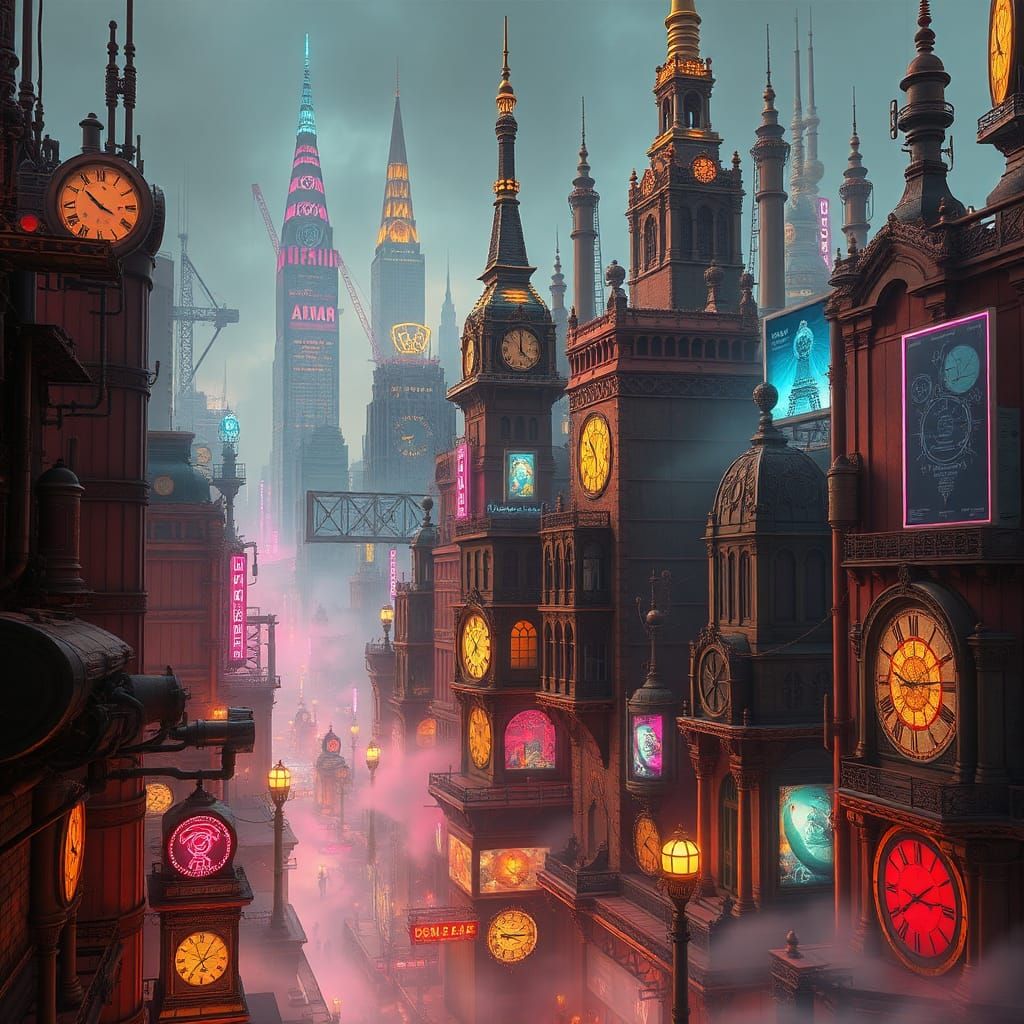 Cyberpunk Victorian Metropolis with Clockwork Robots