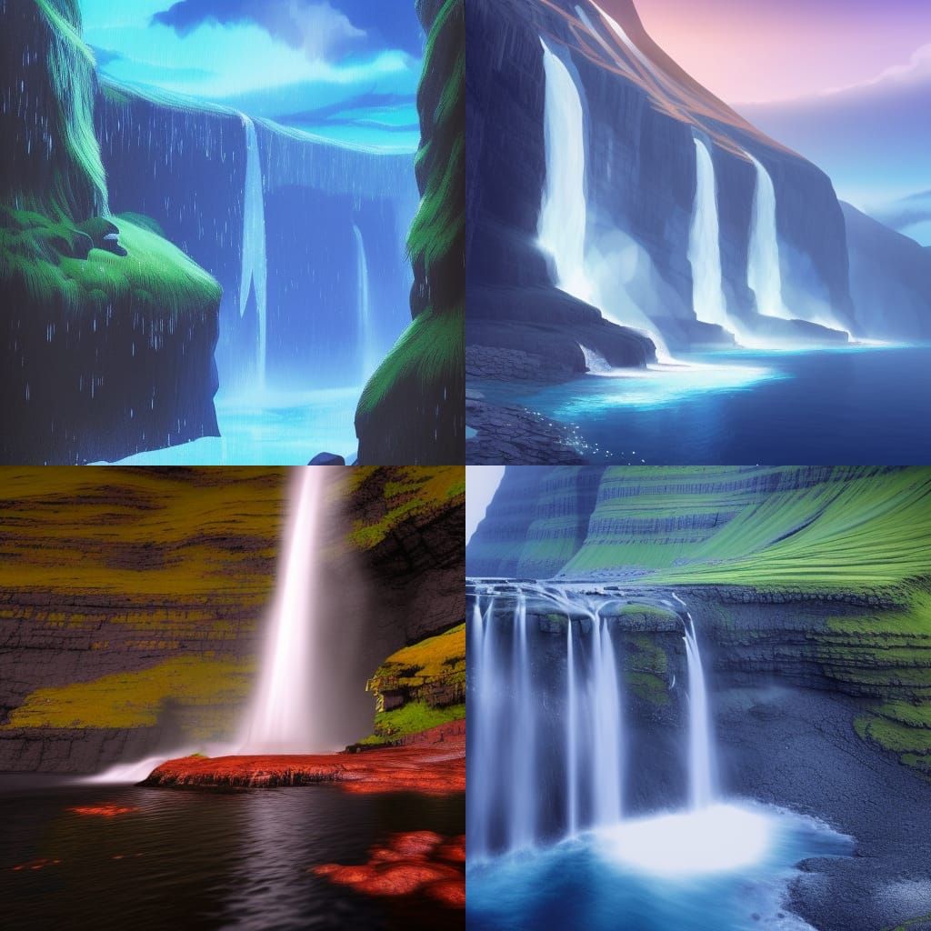 Faroe Islands Waterfall at Night in Anime Style