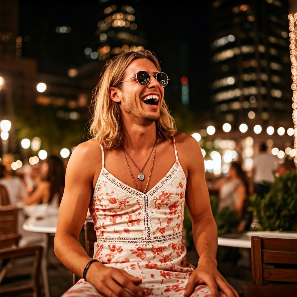 Young Man in Floral Sundress Enjoys Summer Evening with Frie...