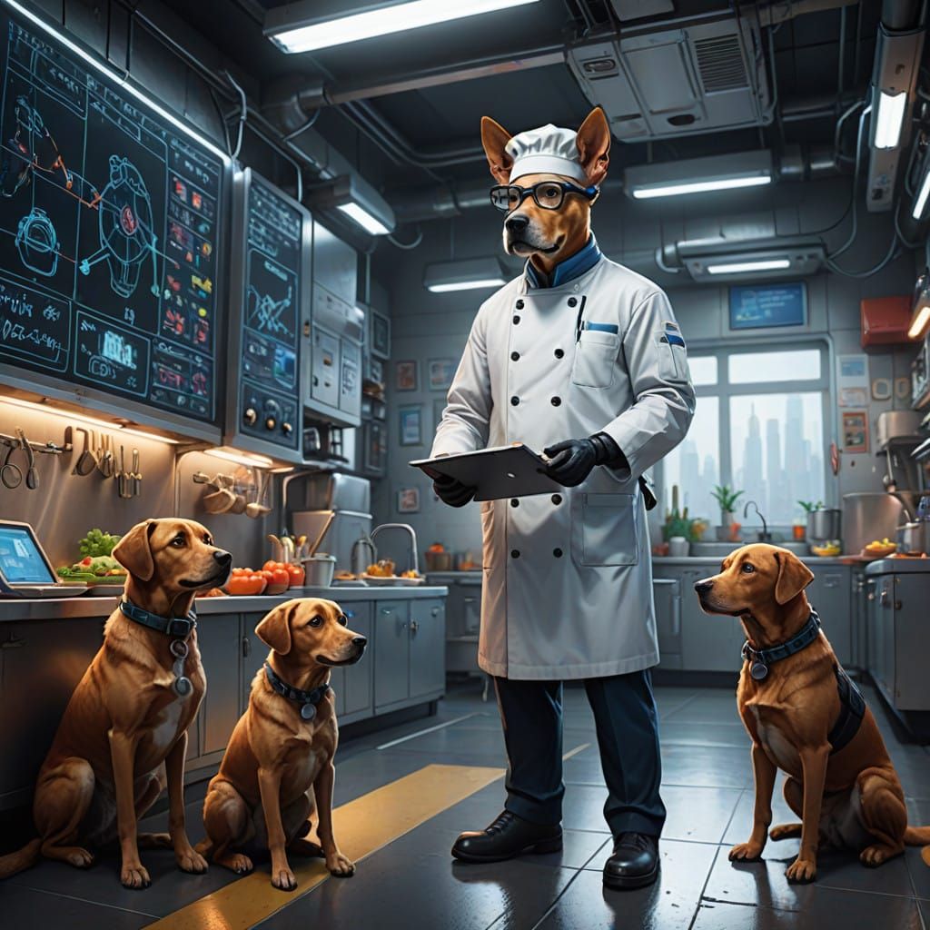 Dogs in Human Professions: Futuristic Cityscape