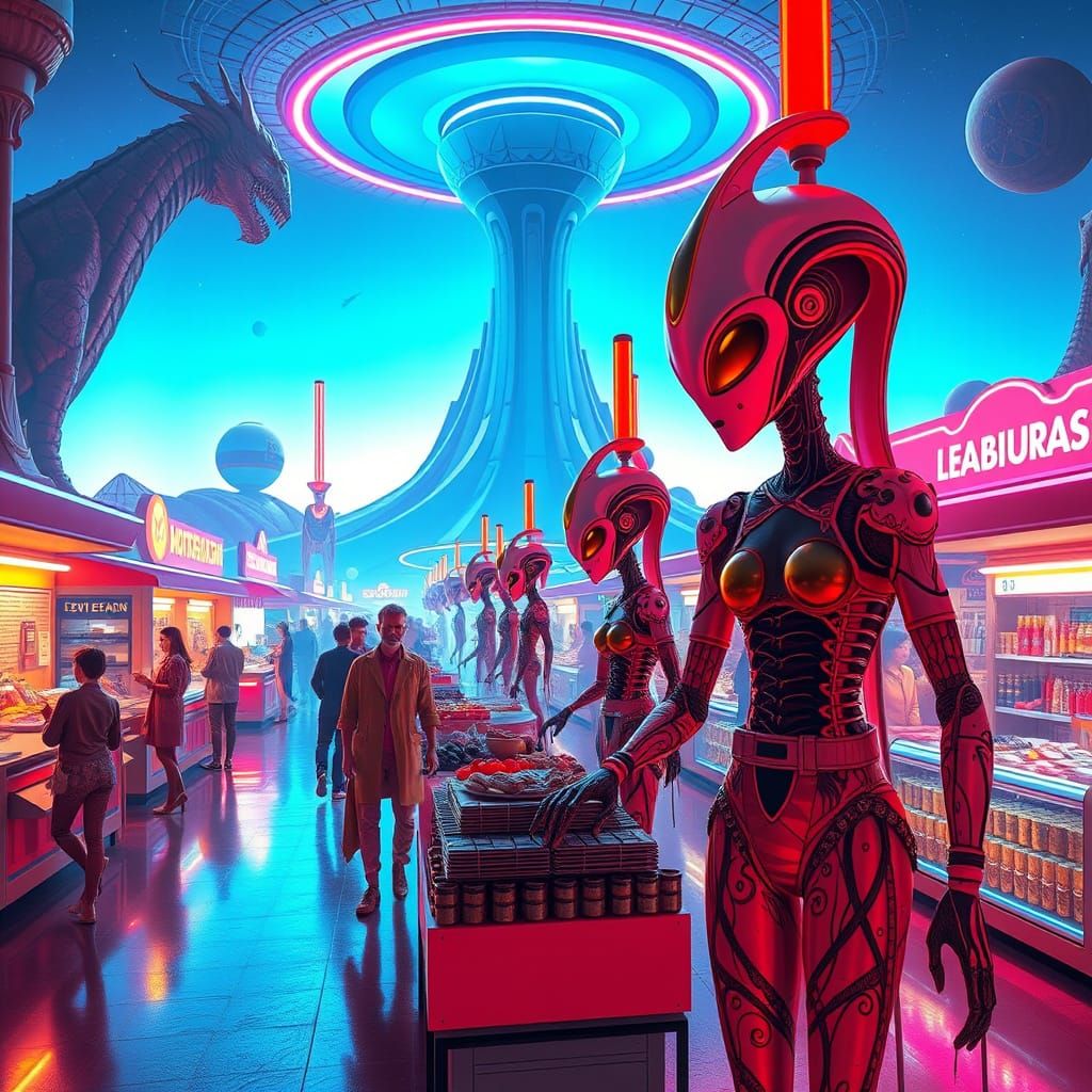 Futuristic Alien Marketplace with Neon Lights