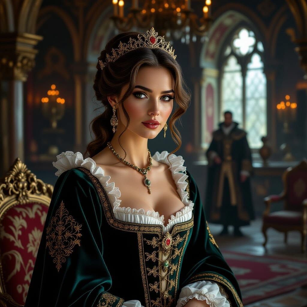 Renaissance Woman in Medieval Castle, Mystical Realism