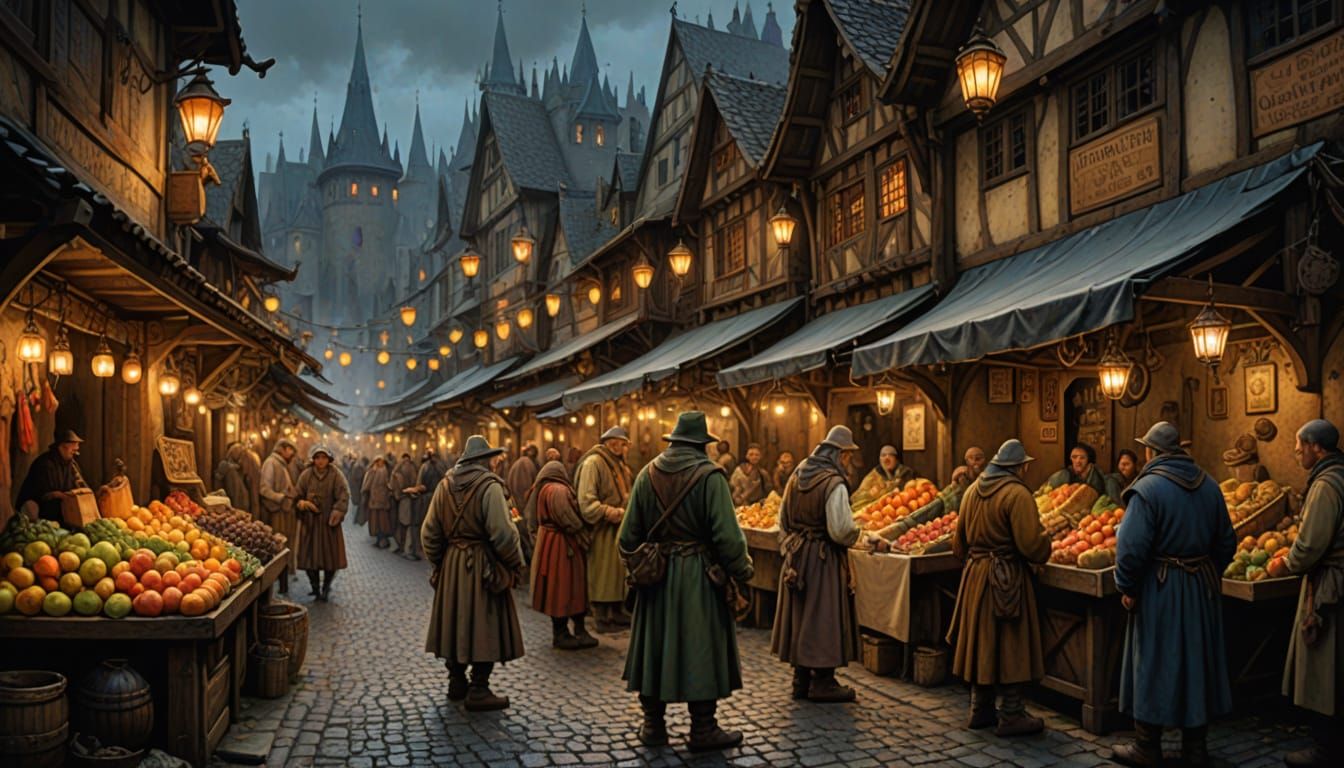 Medieval Night Market in Vibrant Watercolor