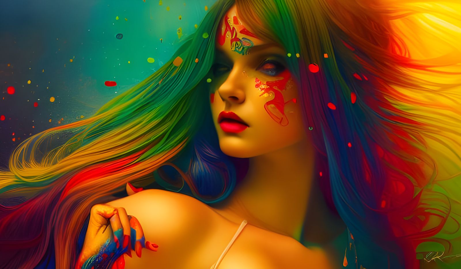 Bathsheba in Rainbow Splash: Cel-Shaded Digital Art