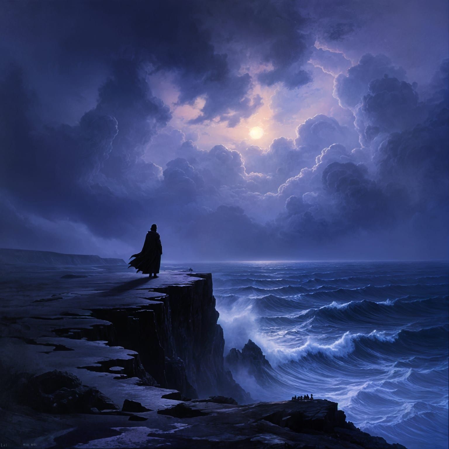 Dramatic Oil Painting of Solitary Figure in Stormy Sea