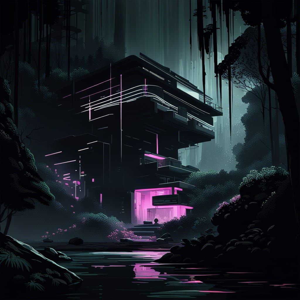 Cyberpunk Forest Lodge: A Black and White Vision