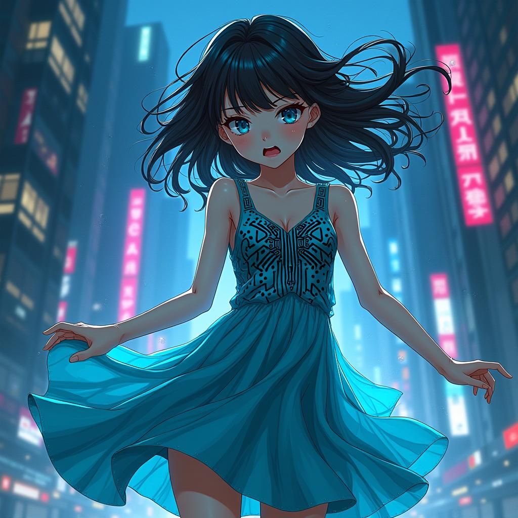 Anime Girl Glitching in a Cyberpunk Twilight