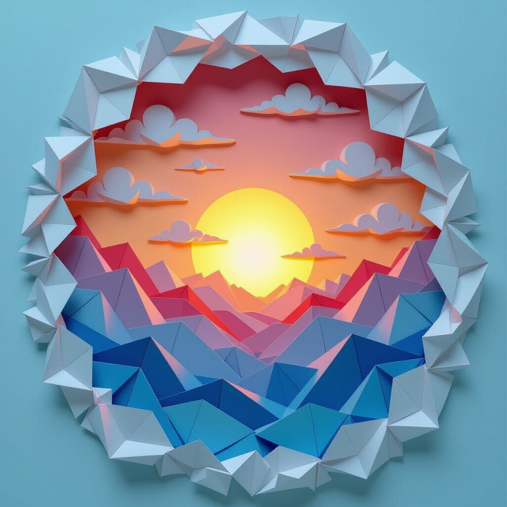Origami Sunset View in 3D Paper Art Style