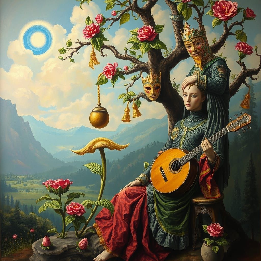 Whimsical Landscape with Dancing Figures, Oil Painting