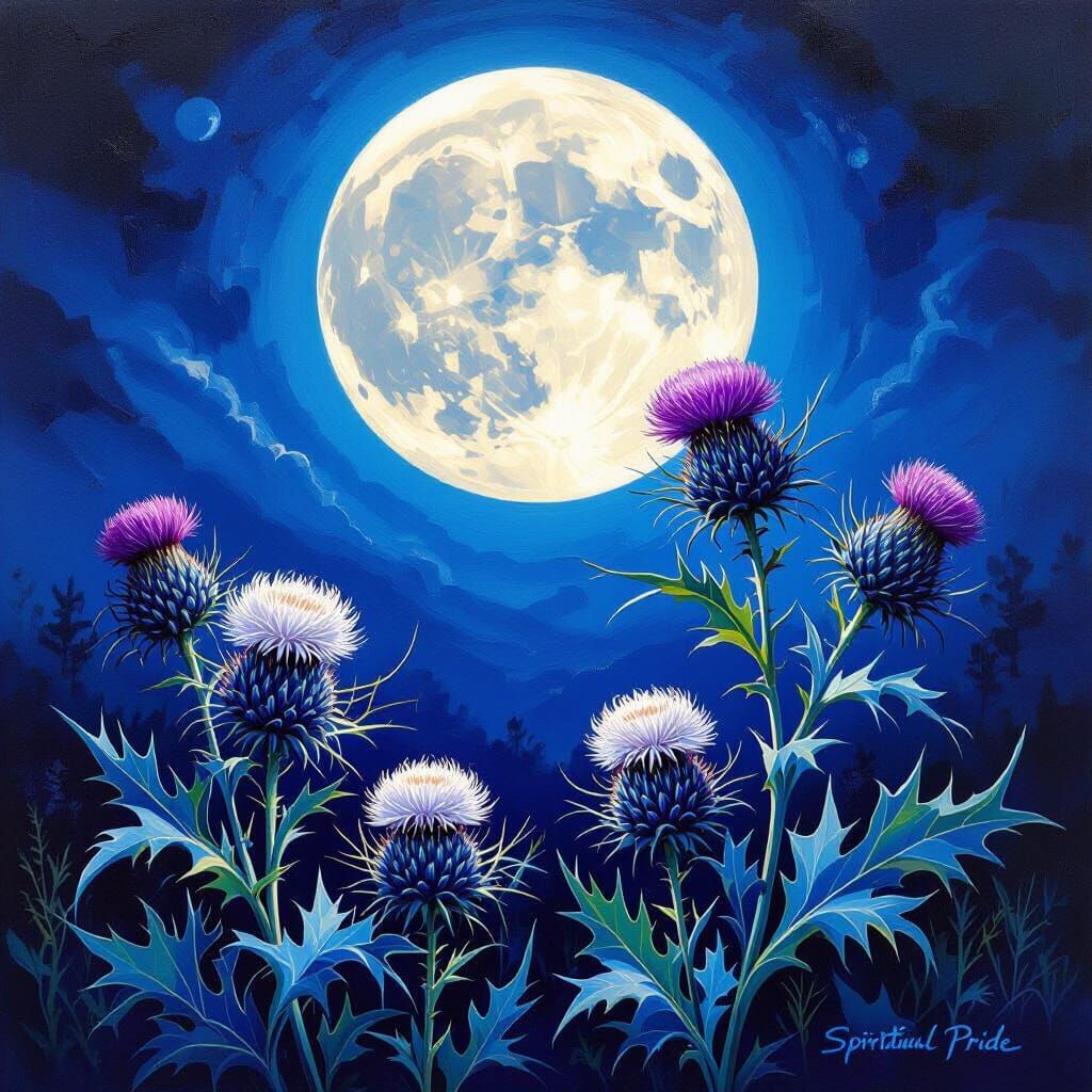 Moonlit Thistle Flowers Oil Painting