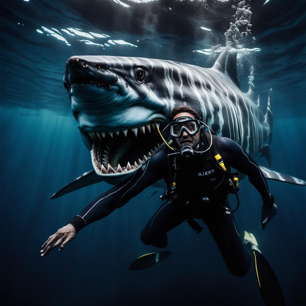 a dark blue, black, gray more roaring and big fantasy megalodon that is deep underwater he don't look in the cammera nex...