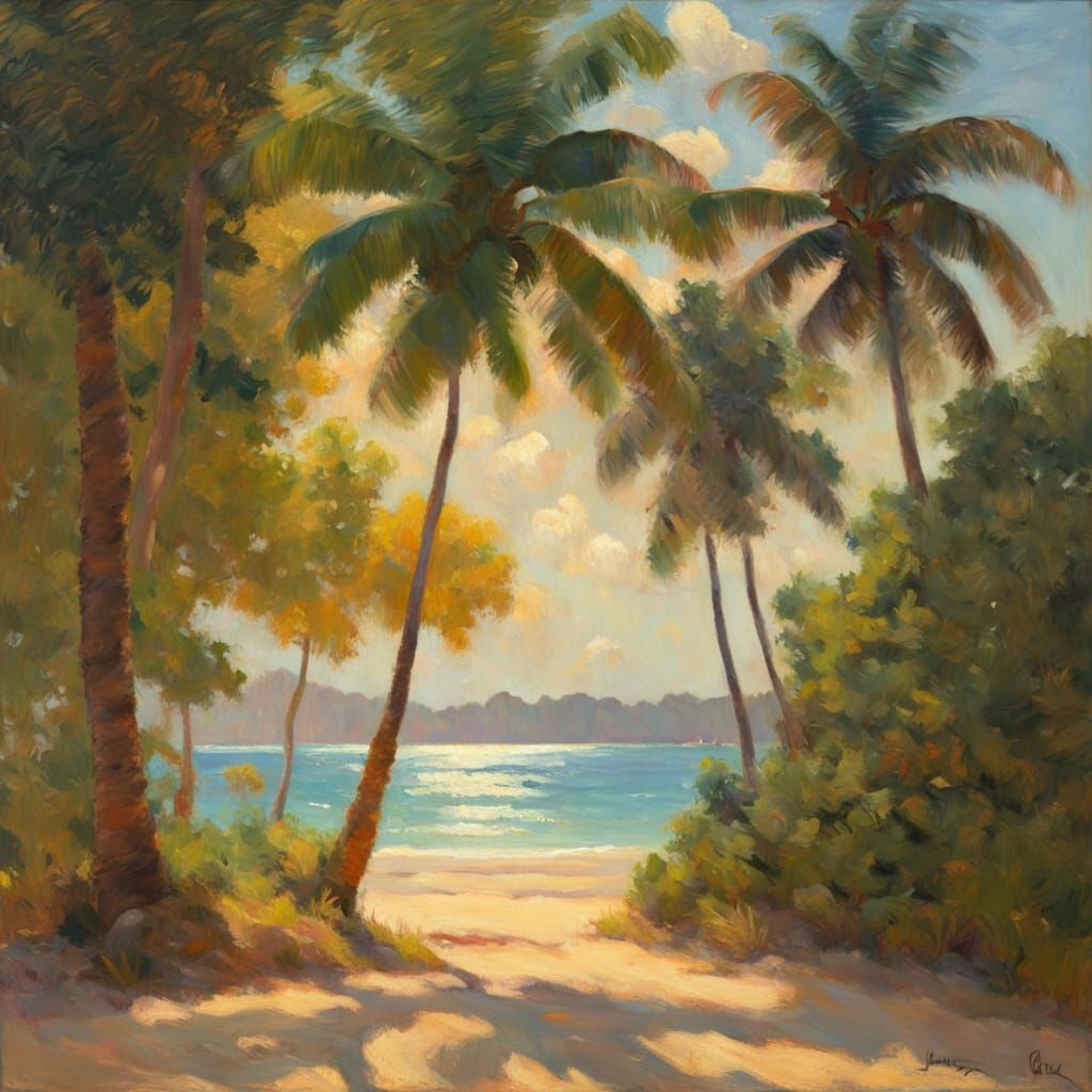 Tropical Beach Landscape in Impressionist Style