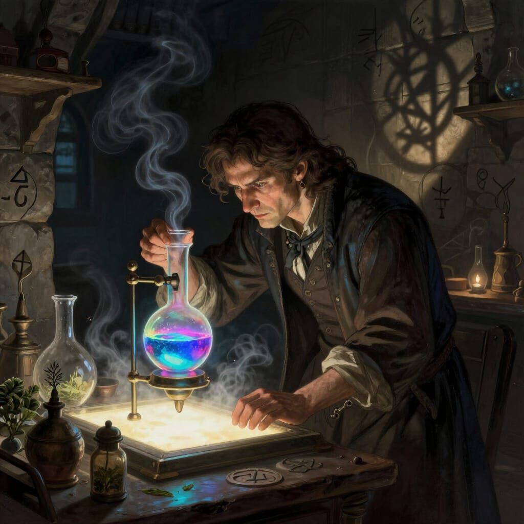 Alchemist Focused on Glowing Retort in Dark Fantasy Lab