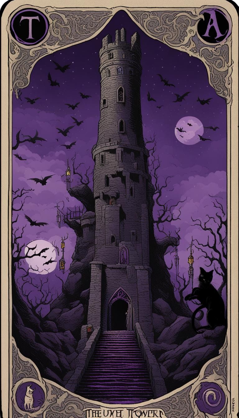 Black Cat in Burning Tower Tarot Card