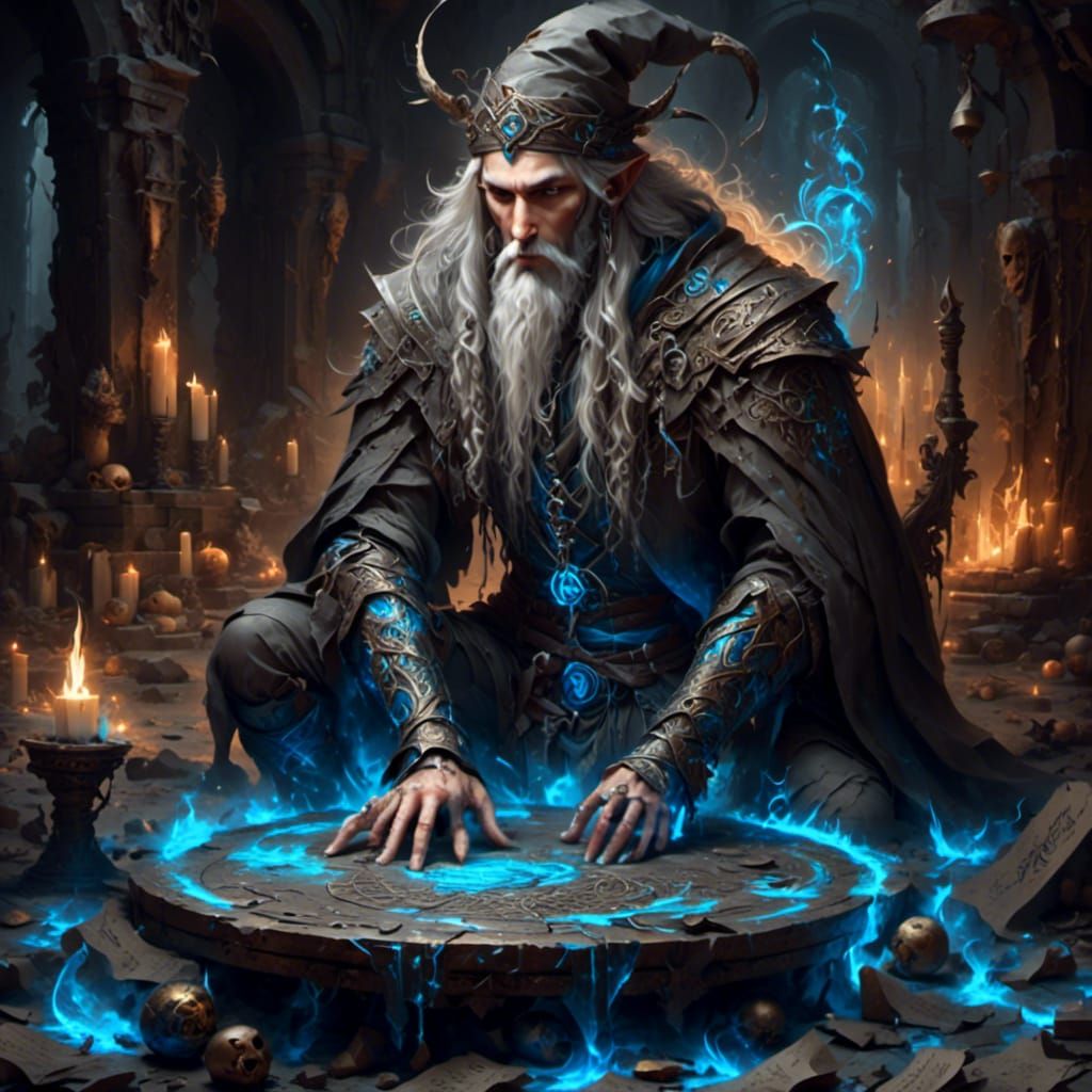 Elf Mage in Ancient Temple with Glowing Runes